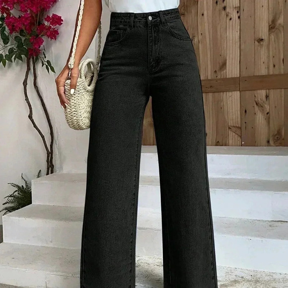 Black Casual Women's Solid Wide Leg Jeans - Picture 2 of 5